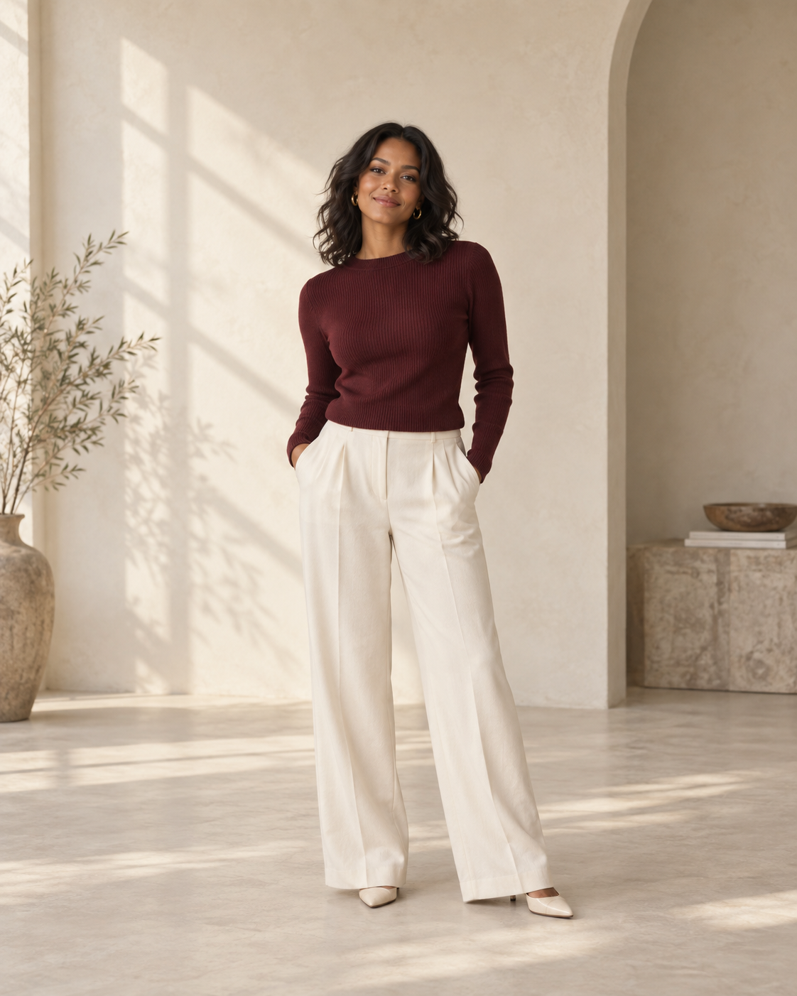 Morrow & Muse editorial — relaxed burgundy knitwear and ivory trousers in warm afternoon light